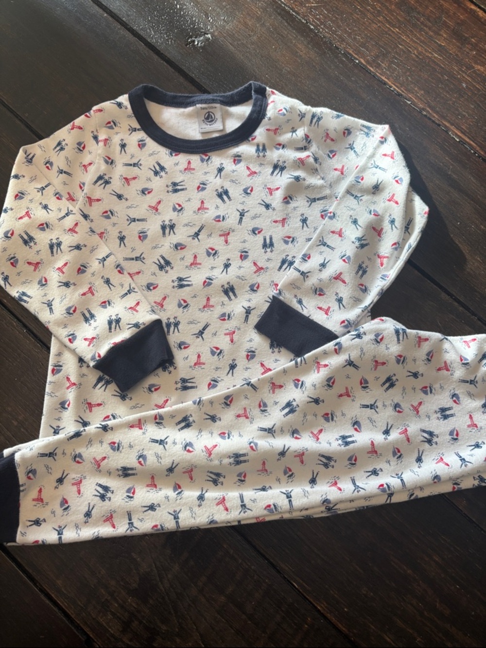 Petit Bateau White Kids Pajama Set with Navy and Red Print